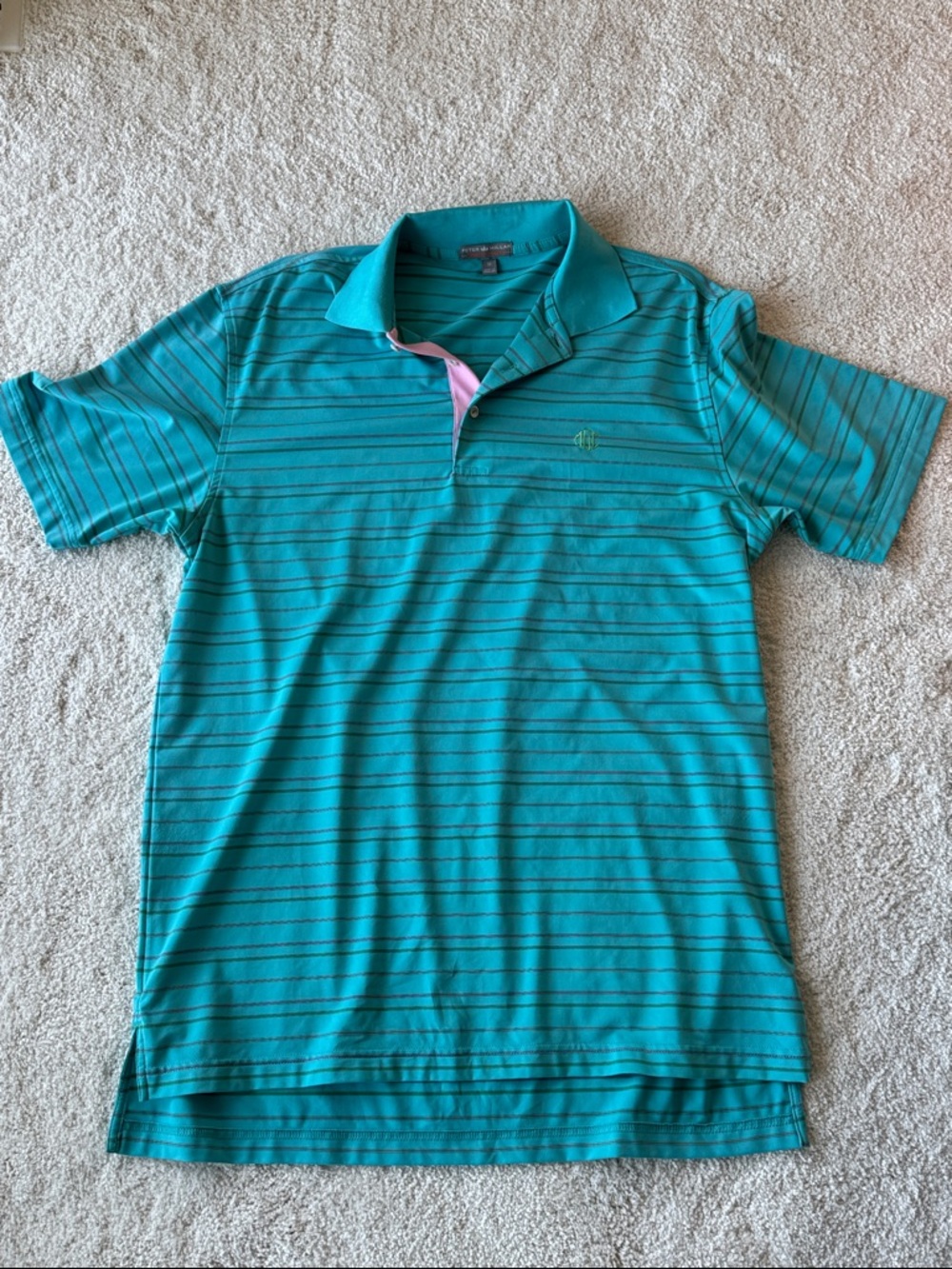 Peter Millar Teal Striped Polo with Pink Accent